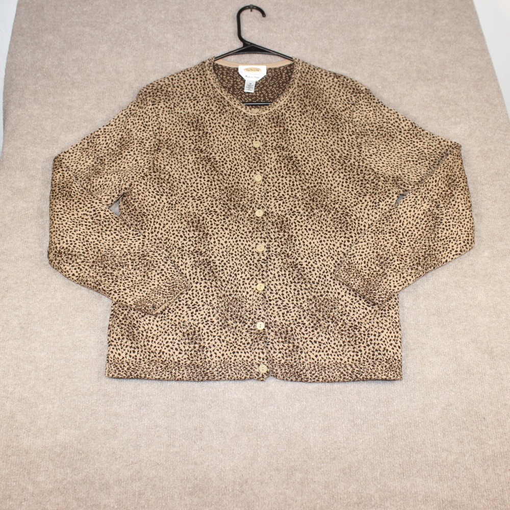 Talbots Petites Cardigan Sweater Womens PM Brown Leopard Wool Cotton Italy